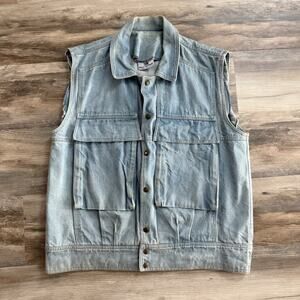 Vintage Rally Express Denim Vest Men L Blue Button Front Workwear